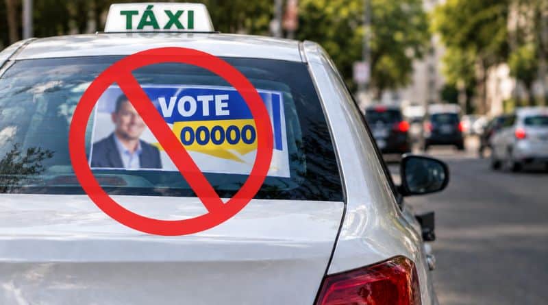 uma imagem com uma ilustração com a proibição de adesivos de candidatos em táxis