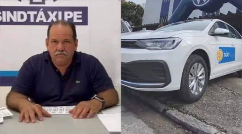 Flávio Fortunato, presidente do Sindtaxi-PE ao lado de um carro