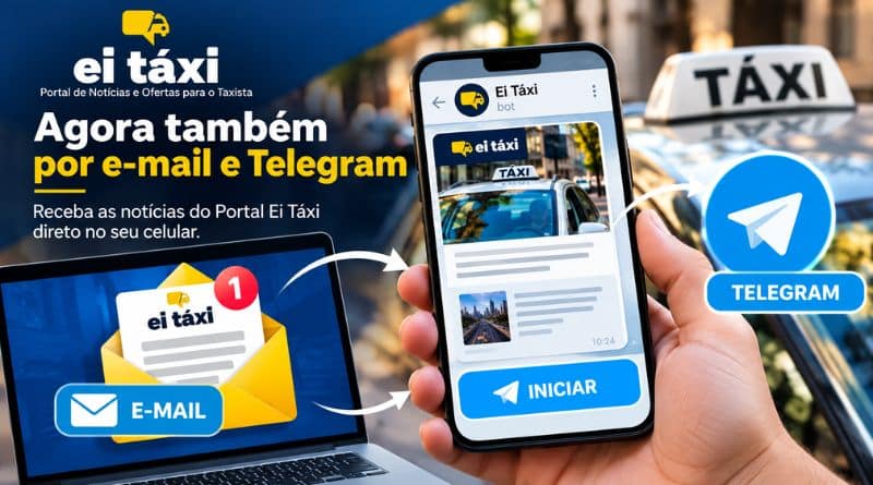 Na imagem ilustrativa, um notebook, um celular sendo segurado por uma mão e parte de um táxi ao fundo