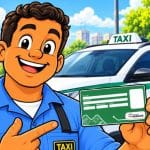 a ilustração de um taxista, segurando o crachá e um táxi de Vitória da Conquista-BA ao fundo