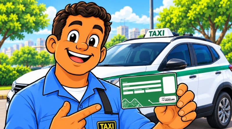 a ilustração de um taxista, segurando o crachá e um táxi de Vitória da Conquista-BA ao fundo